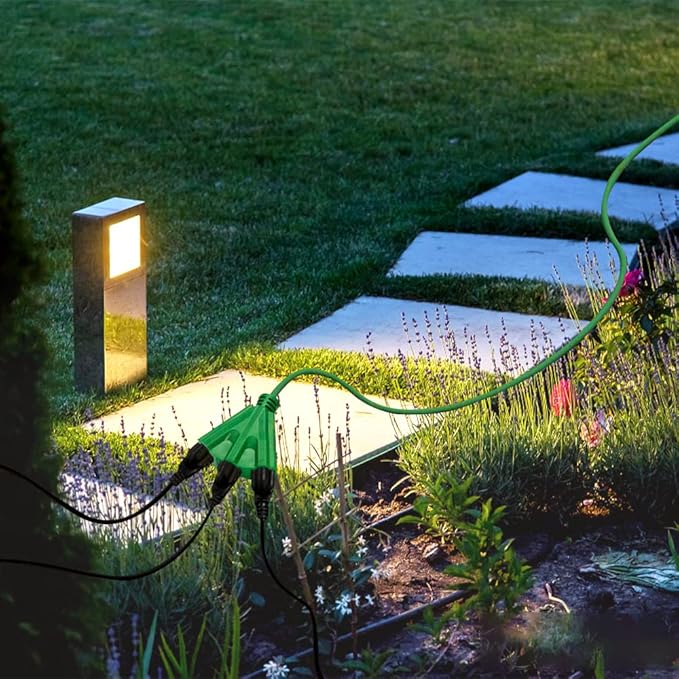 3-Outlets Indoor Outdoor Extension Cord Weatherproof, UL Certified, 16 Gauge 8FT Green 3 Prong Heavy Duty, 16/3 SJTW 13A Power Cord Multiple Outlets