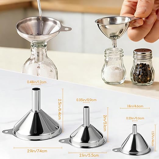 Small Funnels for Filling Bottles, 3 Pcs Stainless Steel Kitchen Funnel Set, Food Grade Mini Metal Funnel for Transferring Oil Liquid, Easy Cleaning with a Brush (Short Handle)