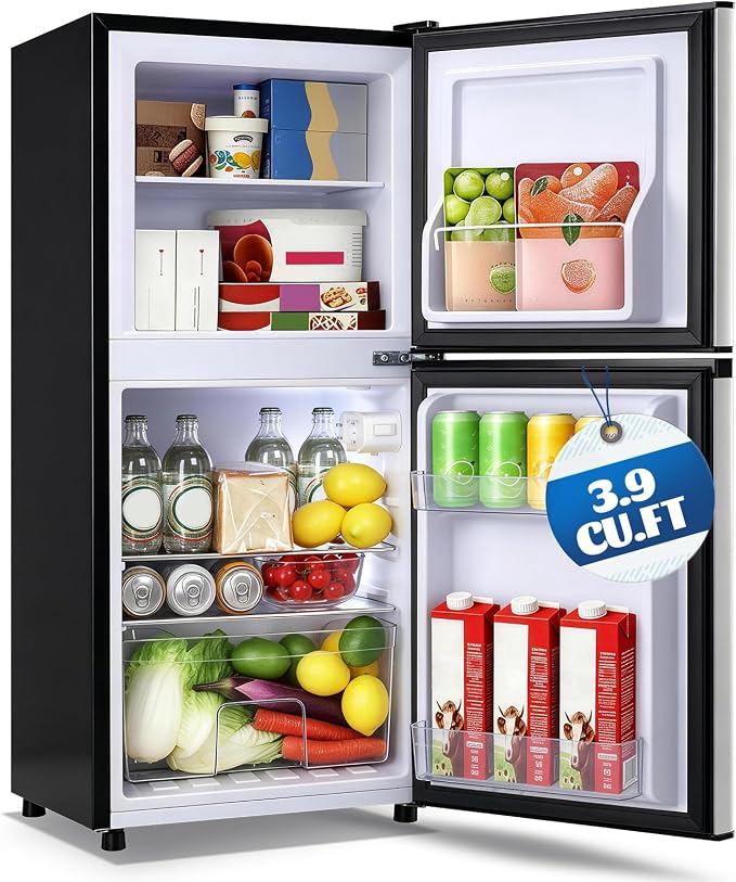Mini Fridge with Freezer Large Capacity 110L Small Refrigerator with 7 Adjustable Temperature 2 Door Small Fridge for Office, Dorm, Bedroom Silver