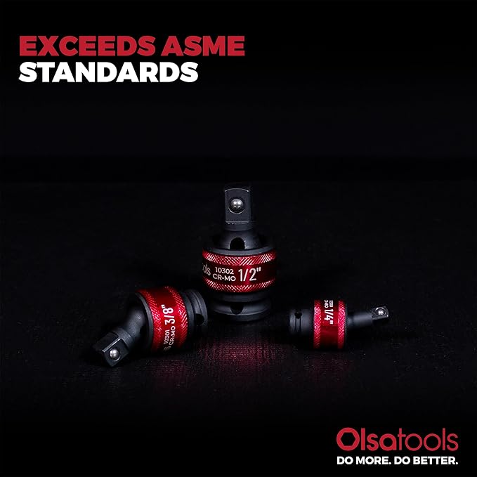 Olsa Tools Impact Universal Joint Socket Adapter Set - 3Pc 1/2",3/8" & 1/4" Drive - 30° Swivel Angle Sockets - Cr-Mo Impact Rated - Durable Mechanics Tool - Part 1459