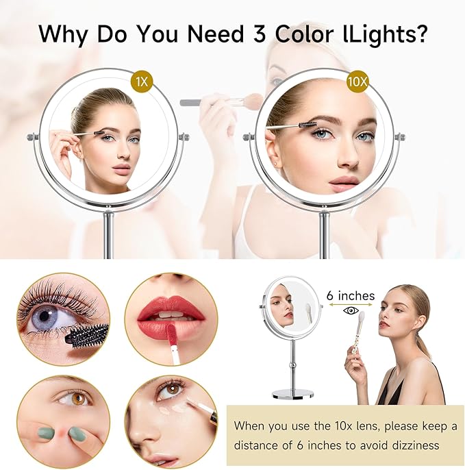 Lighted Makeup Mirror with Brighter Lights,1x/10xTrue HD Magnifying Tabletop Vanity Mirror with Touch Control, 360°Rechargeable Double Sided Mirror with 3 Colors Dimmable Lights