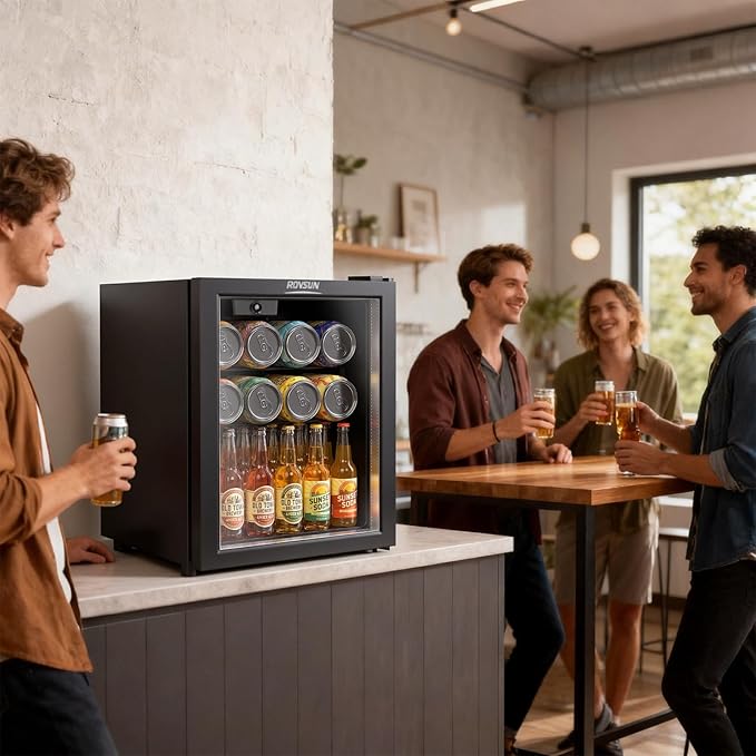 ROVSUN 46 Cans/1.0 Cu.Ft. Beverage Refrigerator Cooler, Countertop Small Fridge with Double Layer Glass Door & Adjustable Shelf for Bedroom Home, Quiet Mini Fridge for Soda Wine Beer, 43-64°F, Black