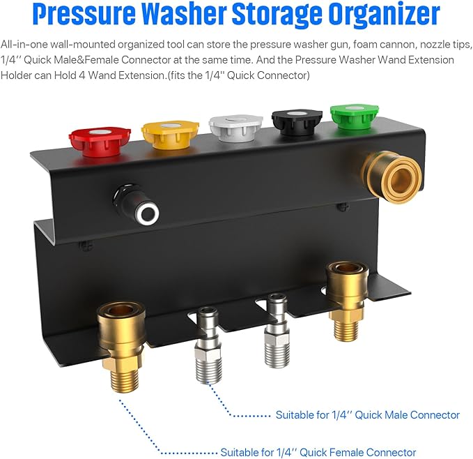 Pressure Washer Gun Holder, Power Washer&Snow Foam Cannon Quick Disconnect Tool Organizer, Pressure Washer Nozzle Tip&Wand Extension Storage Rack, Storage Wall Mount for 1/4" Quick Connector