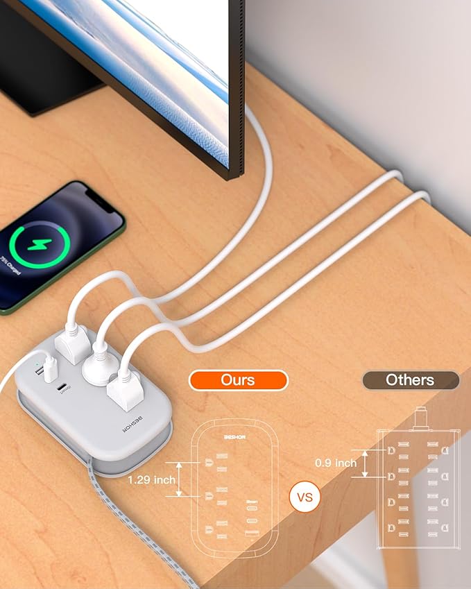USB C Travel Power Strip, BESHON Ultra Flat Extension Cord, Flat Plug Power Strip, 3 Outlets with 3 USB Ports(2 USB C), 3.2ft Wrapped Around Extension Cord for Cruise Ship, Travel Essentials, Grey