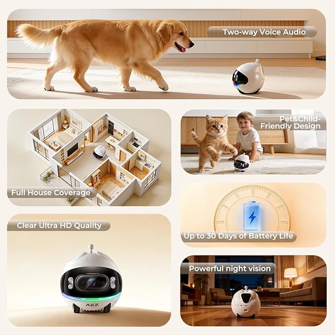 AEZ Robot Camera on Wheels 1080P Dual Lens, Indoor Movable Security Camera