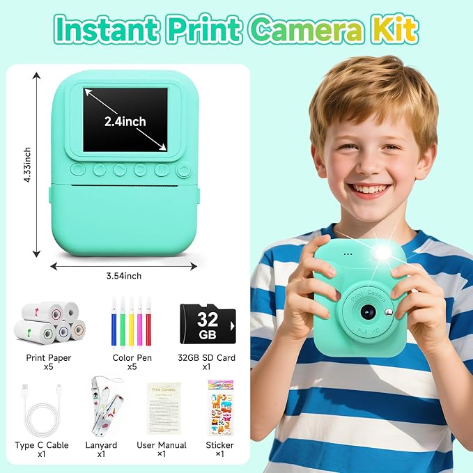 Kids Camera Instant Print, 1080P Digital Instant Print Cameras