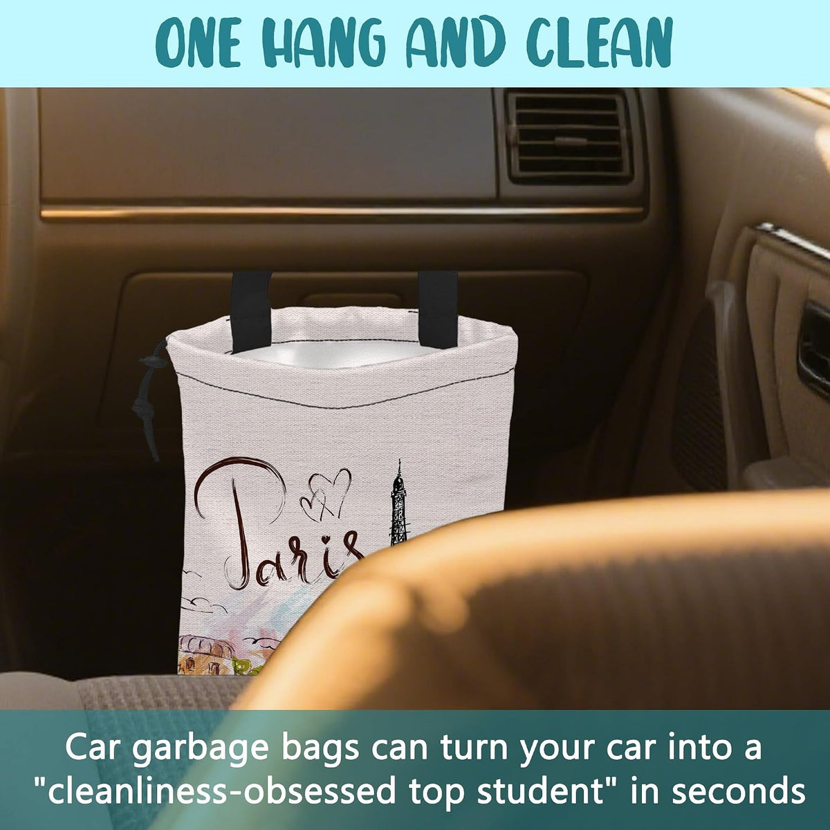 Car Garbage Bag Eiffel Tower Paris Drawstring Car Trash Bag Hanging for Back Seat with Adjustable Buckle Canvas Vehicle Trash Can Easy-to-Install