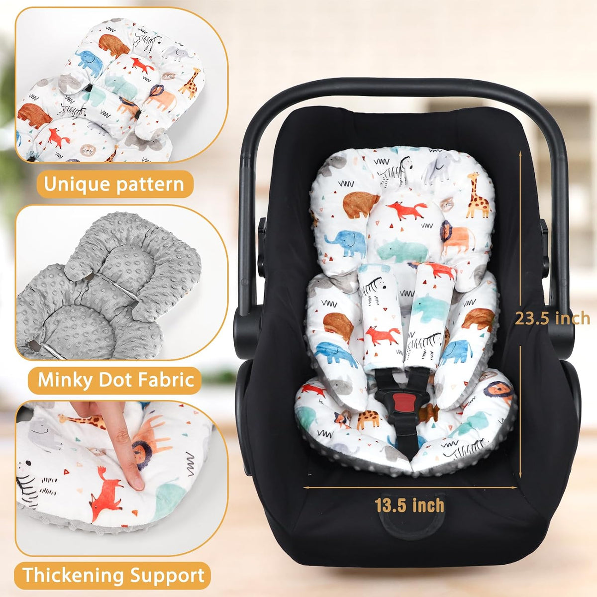 Infant Car Seat Insert, Car Seat Head Support Baby with 2 Covers, Ultra-Soft Newborn Carseat Insert, Perfect for Car Seat, Stroller, Swing, Animals