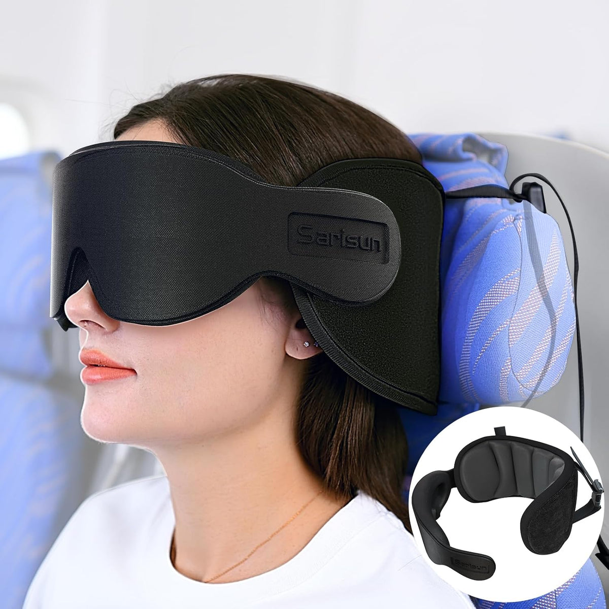 SARISUN Travel Pillow for Airplanes, Airplane Pillow with Eye Mask, Travel Pillows for Long Flight Sleeping, Travel Neck Pillows for Road Trip Car Headrest, Stop Bobble Head Neck Pain, Dark Grey