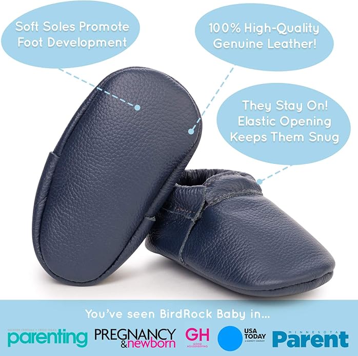 BirdRock Baby Fringeless Moccasins - Genuine Leather Boys and Girls Shoes for Newborns, Infants, Babies, Toddlers