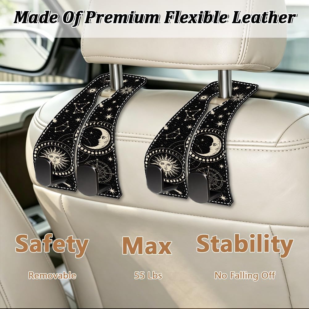 2Pcs Car Purse Hook for Headrest 6.5 x 3.3 Inch Moon Car Hooks Metal Leather Sun Moons Star Pattern Double Hanger Backseat Storage Organizers Accessories for Purse Handbags Bags Umbrellas