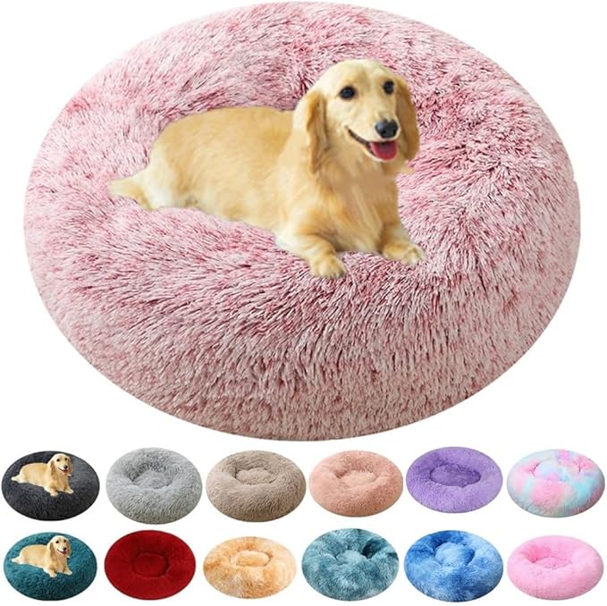 Calming Dog & Cat Bed, 24 Inch Anti-Anxiety Donut Cuddler Cat Bed with Anti-Slip Bottom, Washable Round Fluffy Pet Bed for Small Medium Dogs and Cats (Rose White)