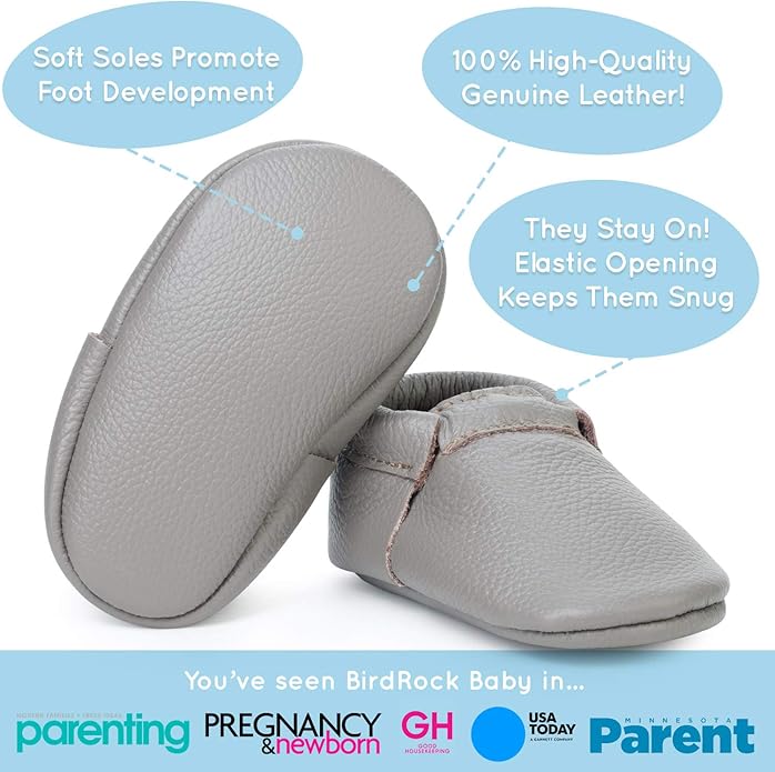BirdRock Baby Fringeless Moccasins - Genuine Leather Boys and Girls Shoes for Newborns, Infants, Babies, Toddlers
