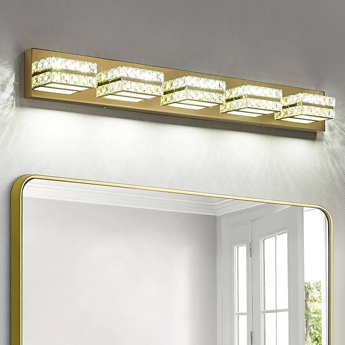 OKELI Crystal Vanity Lights LED Bathroom Vanity Light Fixture Over Mirror Modern Indoor Lamp, 6000K Cold White Dimmable, 5-Lights, 32W, ETL Listed