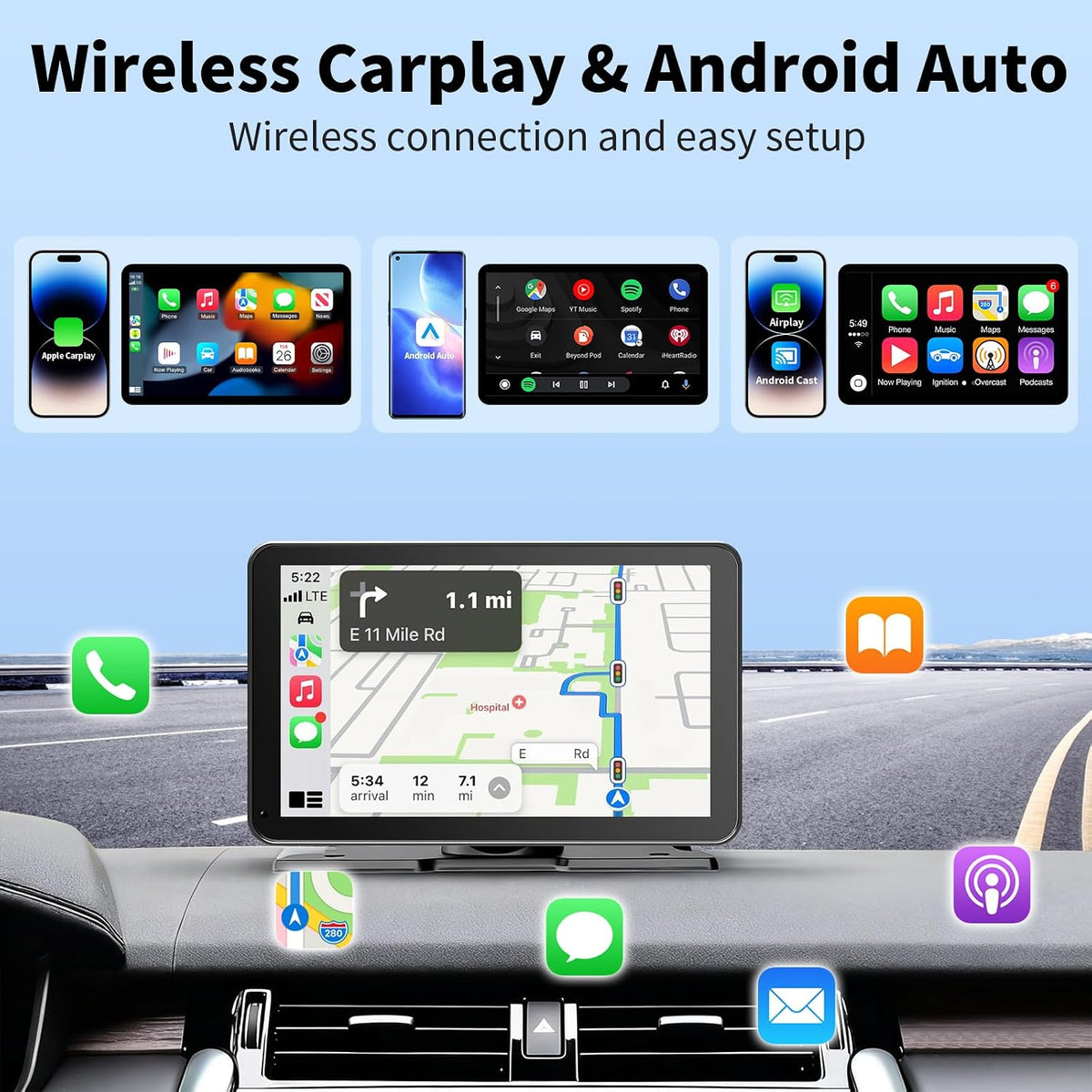 CarPlay Screen for Car, 9'' Wireless CarPlay & Android Auto - Smart Portable Touchscreen with Bluetooth/FM, Mirror Link, Voice Control, GPS Navigation, Hands-Free Calling, Plug & Play Car Play Screen