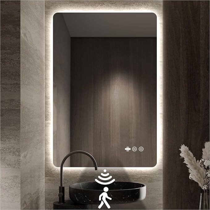 30 x 36 LED Bathroom Mirror, Frameless Rounded Corner Rectangle Backlit Mirror Bathroom, Anti-Fog, 3-Color Stepless Dimmable Lighted Mirror, Motion Sensor Lights, Memory Function