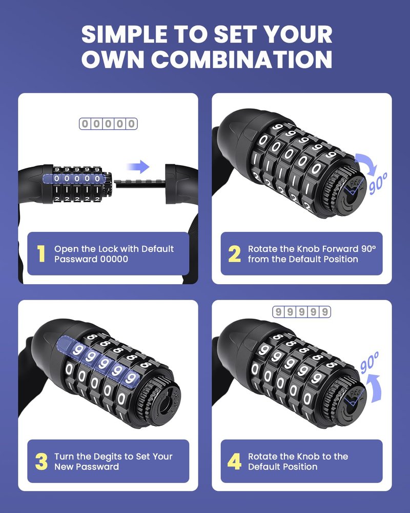 ONVIAN Bike Locks Heavy Duty Anti Theft-5 Digit Combination, 3.2Ft Long Bike Chain Lock, High Security Keyless Bicycle Lock for Ebike, Bicycle, Scooter, Motorcycle, Door, Gate, Fence