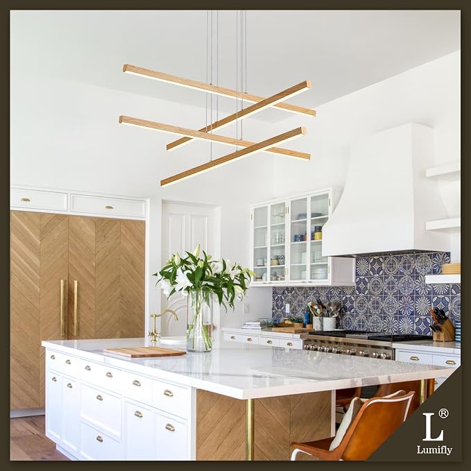 Linear Pendant Light Mdoern LED Chandelier 32" Boho Oak Wood Painted Ceiling