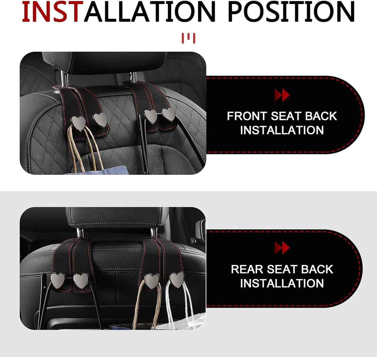 Car Hooks for Headrest, Luxurious Leather & Metal Multifunctional Anti-Slip Vehicle Hooks - Holds Bags, Umbrella, Wallet, Glasses | Universal Car Interior Storage Organizer (Black)