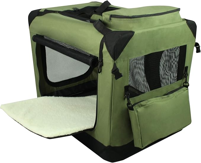 EliteField 3-Door Folding Soft Dog Crate with Carrying Bag and Fleece Bed (2 Year Warranty), Indoor & Outdoor Pet Home (30" L x 21" W x 24" H, Sage Green)