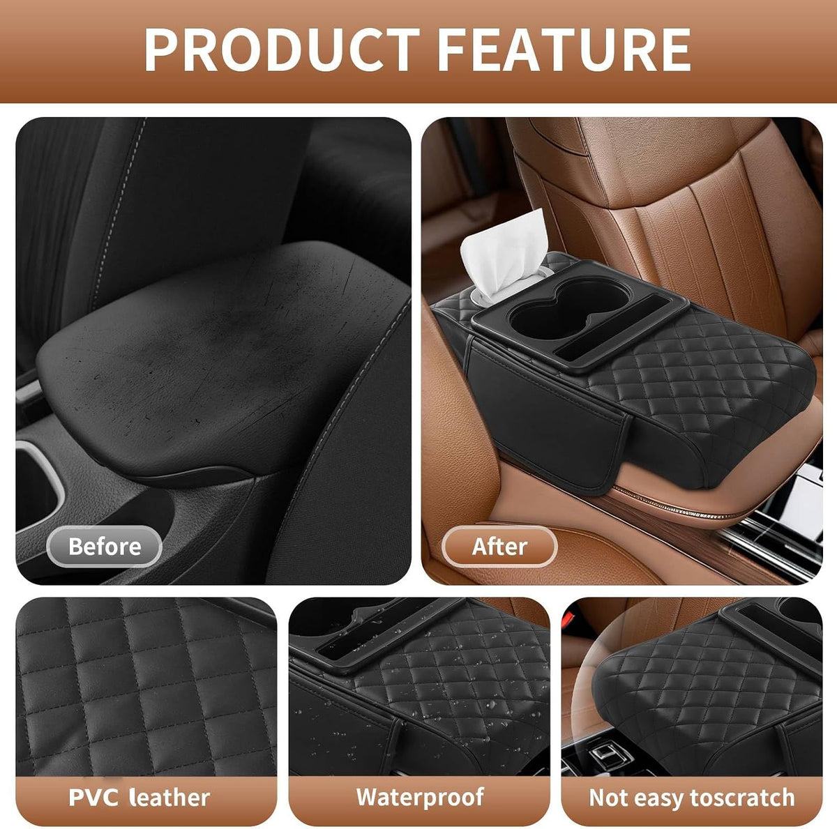 5-in-1 Universal Car Center Console Cover with Cup Holder, Black