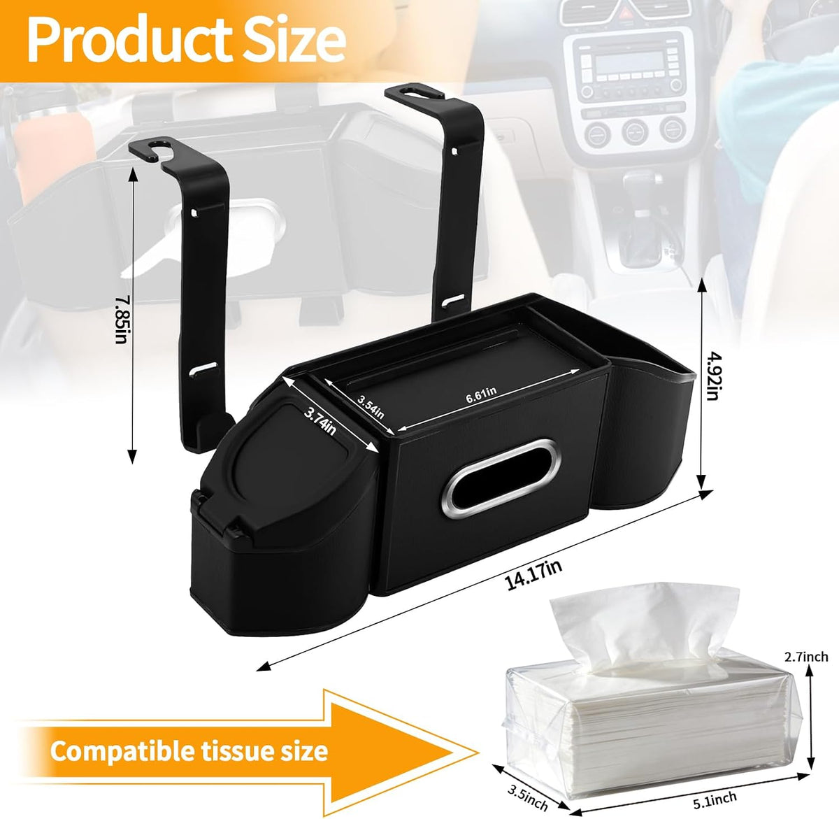 7-In-1 Multifunctional Car Seat Back Organizer with Cup Holders, Tissue Box, Garbage Can & Hooks, Headrest Storage & Cup Holder for Backseat (Black)