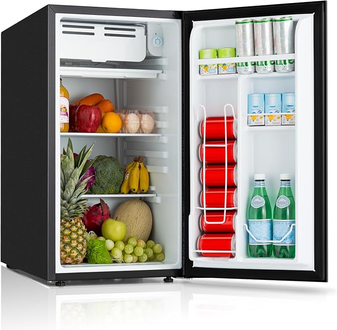 3.2 Cu.Ft Mini Fridge with Freezer, Single Door Small Refrigerator, Dorm Fridge with 7 Adjustable Thermostat, Energy Saving, Low Noise, Compact Refrigerator for Office, Bedroom, Dorm, Black