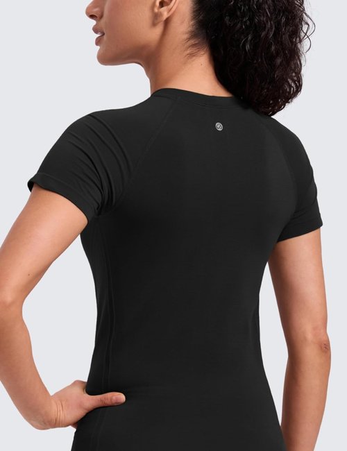 CRZ YOGA Workout Tops for Women - Breathable Seamless Short Sleeve Crewneck Tees in Hip Length