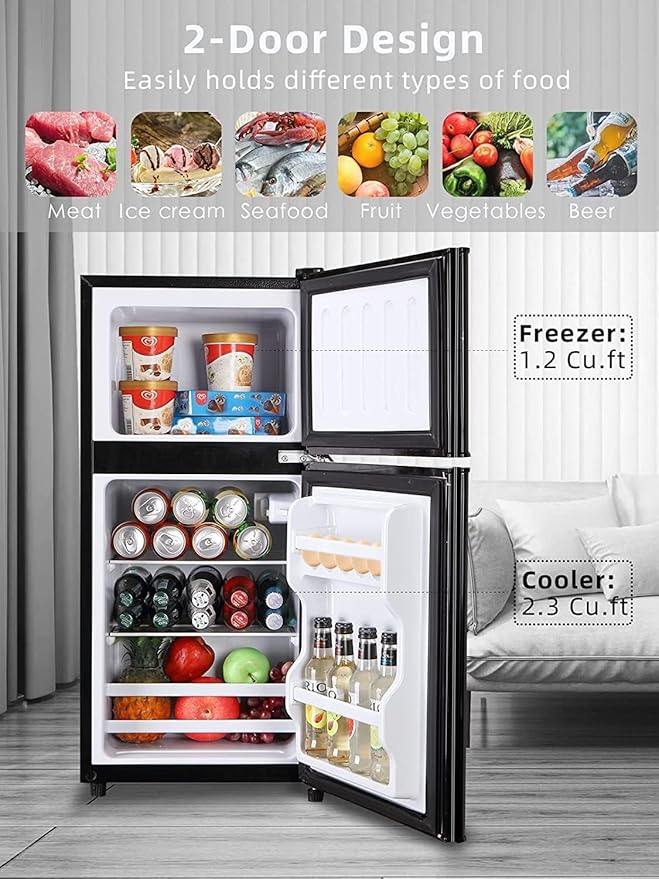 Refrigerator with Freezer 3.5 Cu.Ft Top-Freezer Compact Refrigerator Black | 7 Level Adjustable Thermostat Control, 2 Door ,Low noise,Low Power Consumption