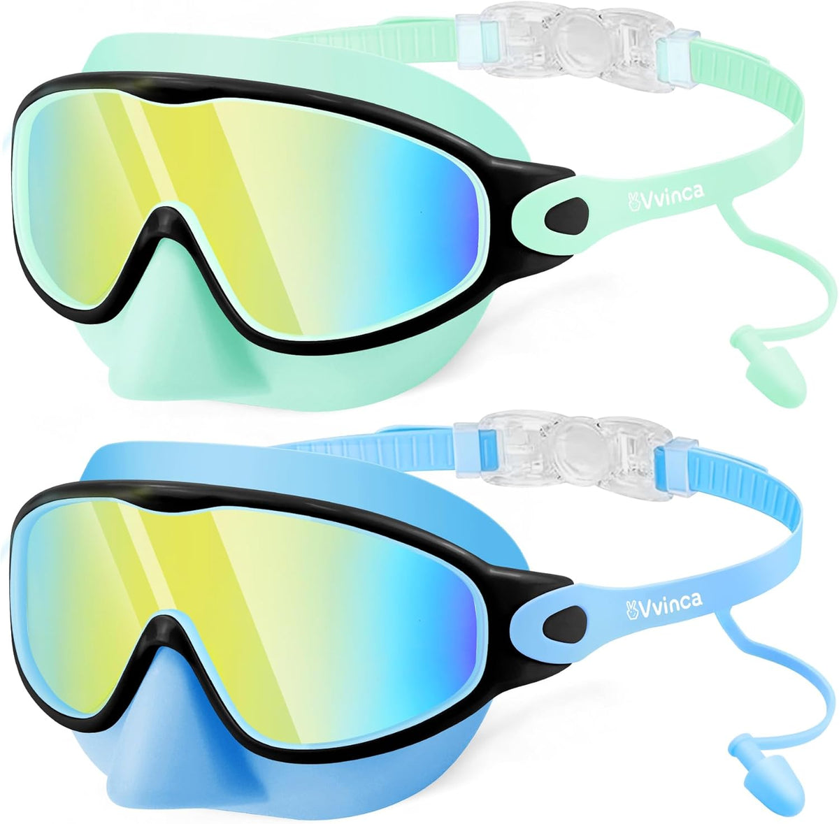 Vvinca Kids Swim Goggles - Anti-Fog Wide View with Nose Cover & Earplugs | For Ages 3-12