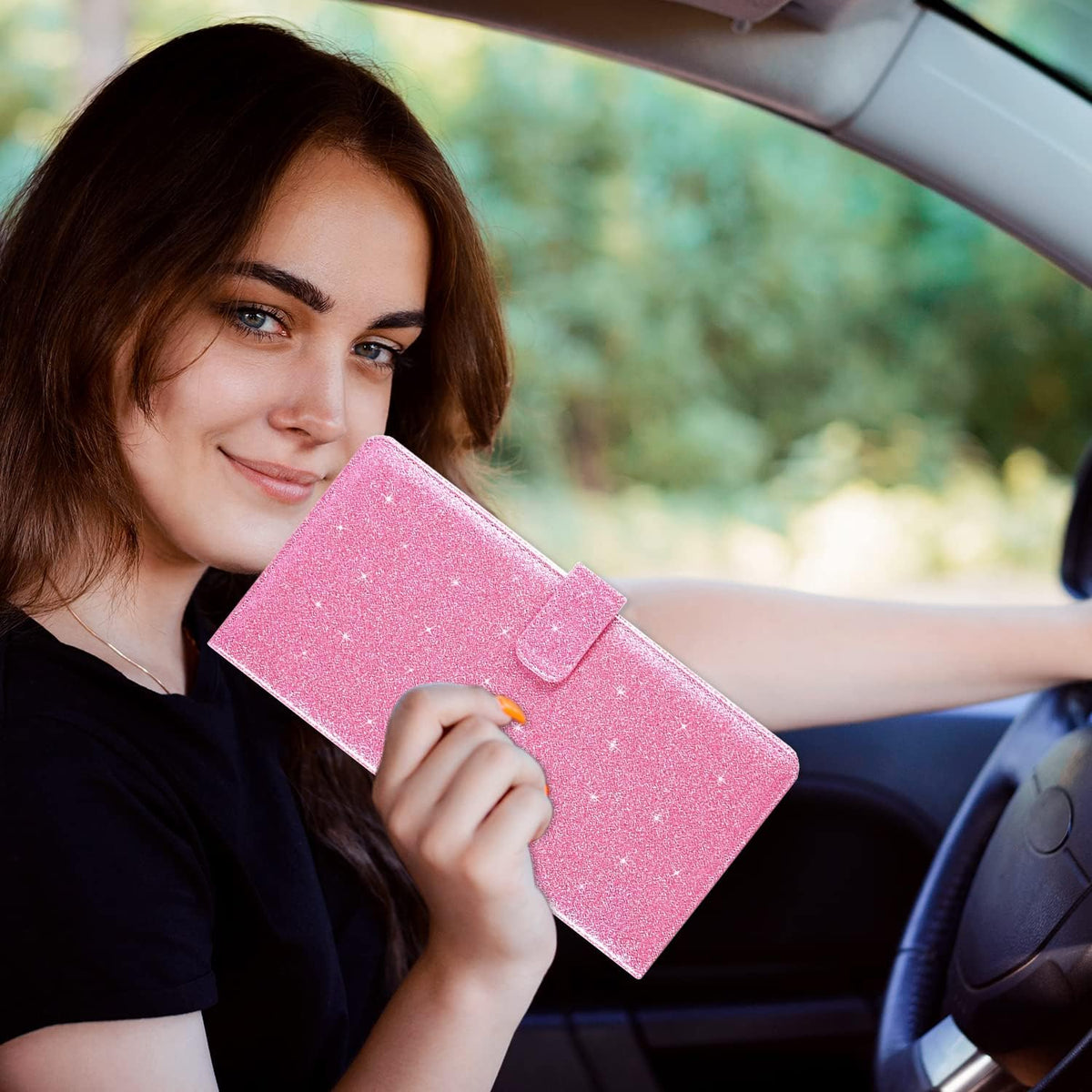 RSAquar Car Registration & Insurance Holder - Leather Glove Box Organizer, Cool Accessories for ID, Driver's License Cards & Docs, Men & Women, Pink Glitter