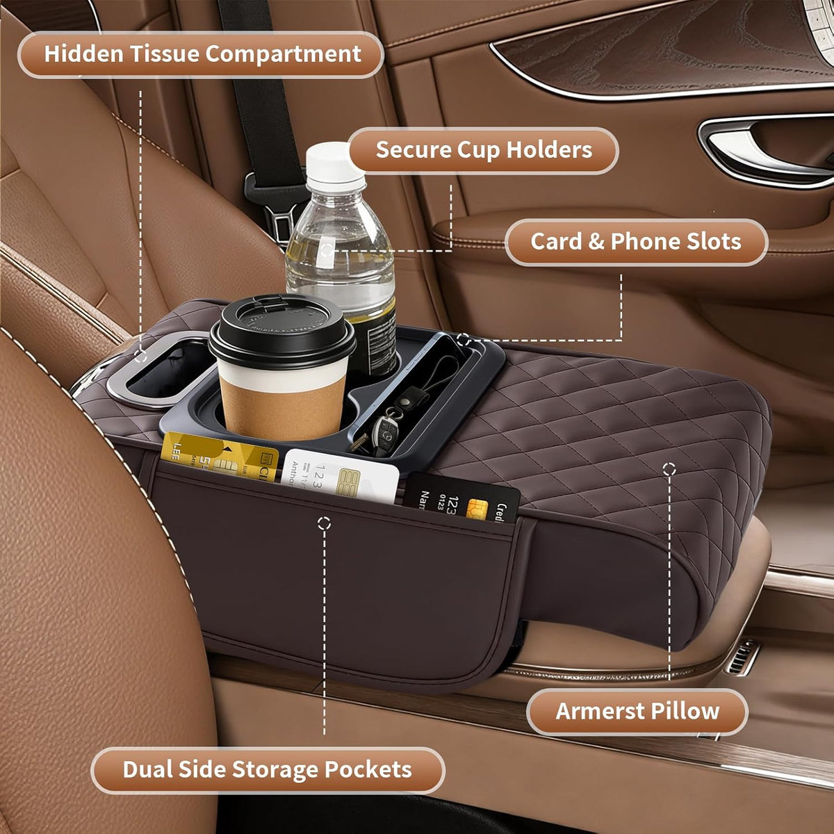 5-in-1 Car Armrest Cushion with Storage, Memory Foam Center Console Organizer W/Cup Holders, Tissue Holder & Phone Slot, Leather Car Armrest Cover Pad, Universal for Cars SUVs Trucks, Brown