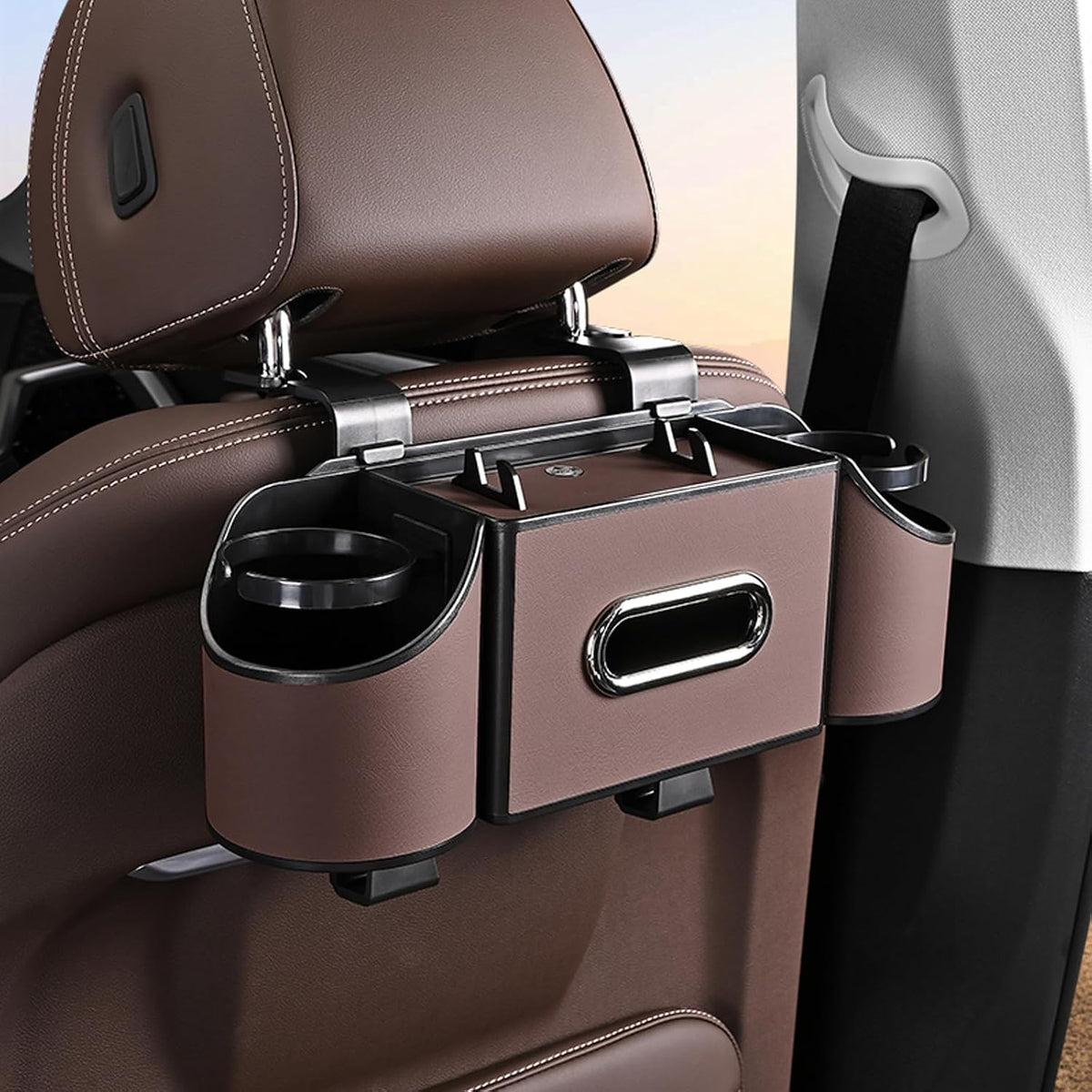 Back Seat Car Organizer,4 in 1 Multifunctional Car Back Seat Storage Box with Drink Cup Holder Tissue Box, for Hold Phone,Snacks, Drinks, Handbag-Orange