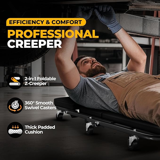 Auto Dynasty 40" Z-Creeper Seat, 2-in-1 Foldable Garage Creeper Shop Seat, 330 LBS Capacity Automotive Mechanic Repair Under Car Rolling Creeper Seat, Black