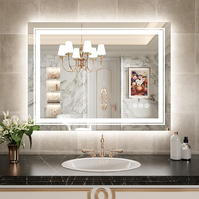 WTTY LED Bathroom Mirror 40"x32" with RGB Backlit and Front Light,Stepless Dimmable LED Mirror for Bathroom,Lighted Bathroom Vanity Mirror,Anti-Fog,Memory Function,Shatter-Proof,Wall Mounted