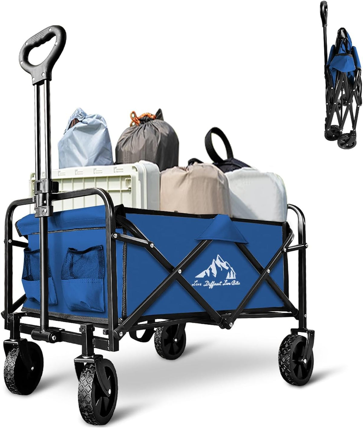 Heavy Duty Folding Wagon 320lbs Capacity, Reinforced Steel Frame Utility Cart with All-Terrain Quiet Wheels, Collapsible Outdoor Wagon for Camping, Gardening & Sports, Blue