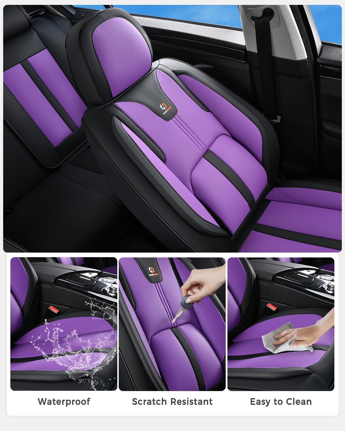 Huidasource Front Car Seat Cover Luxury Nappa Leather, Leather Front Seat Covers with Airbag, Front Storage Pocket, Lumbar Support, Cooling＆Heating Universal Fit for Most Cars SUV Trucks, Black&Purple