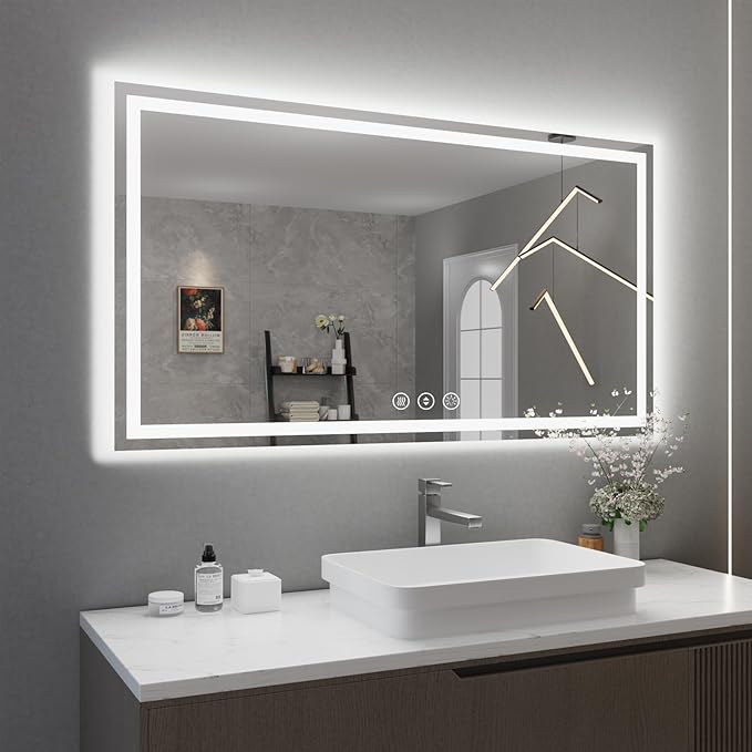 WTTY LED Bathroom Mirror 55"x30" with Back and Front Light,Modern LED Mirror for Bathroom,Stepless Dimmable Lighted Bathroom Vanity Mirror with Anti-Fog,Memory Function,Shatter-Proof