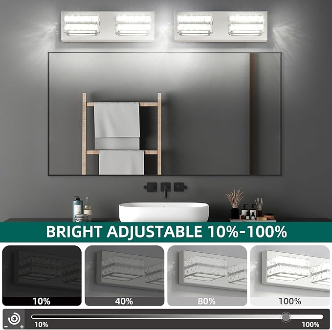 OKELI Crystal Bathroom Lighting Fixtures Over Mirror 2 Light Chrome Vanity Light Modern Vanity Wall Light for Washbasin, Dressing Table, 18W, Dimmable Cold White