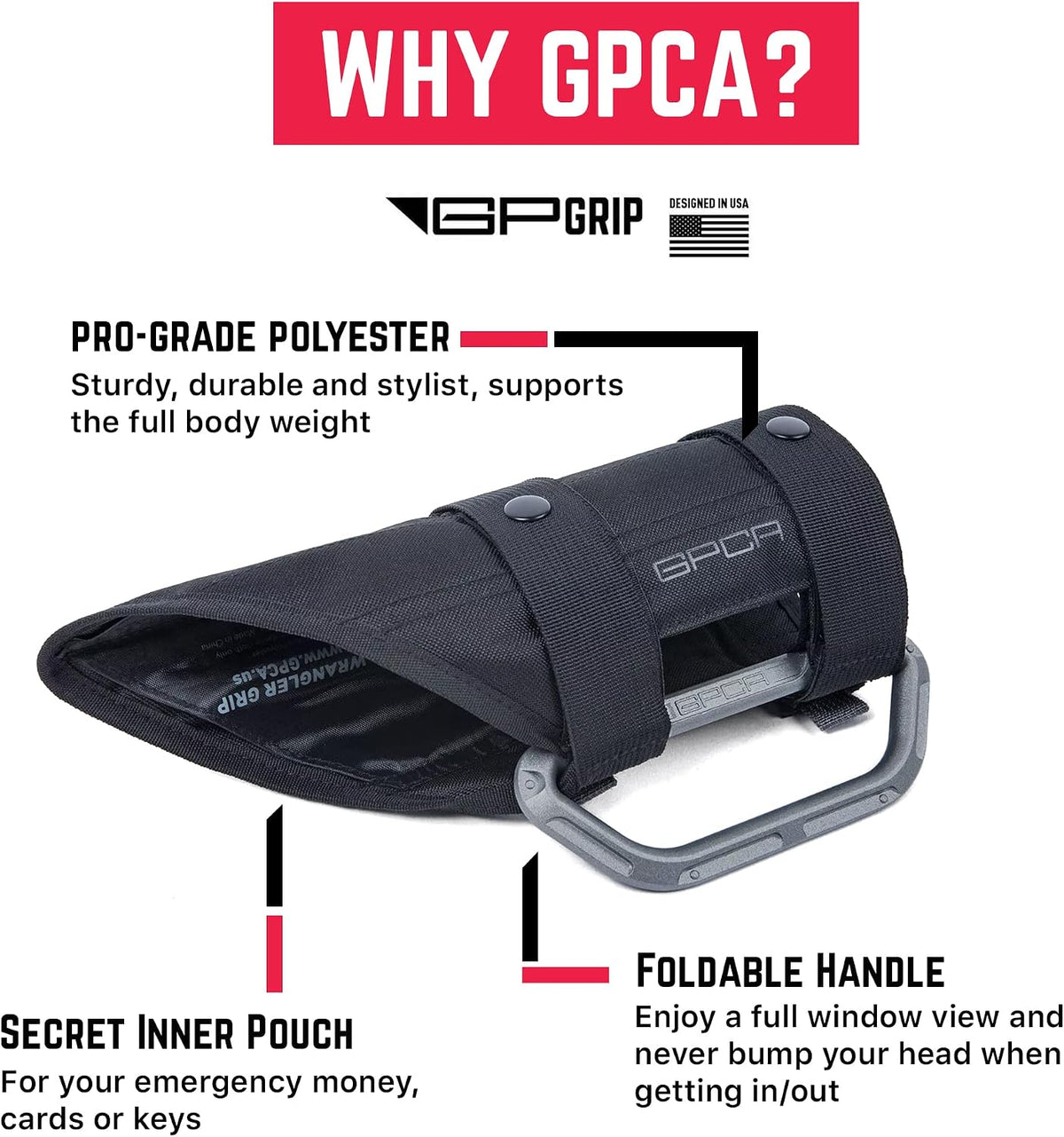 GPCA - GP Grip LITE Grab Handle, Aluminum Metal Patented Roll Bar Grab Handles Made for Jeep Wrangler 4xe, JL, JT, JK, Sport, Sahara and Rubicon 4DR/2DR 2007-2023, Single, Metallic