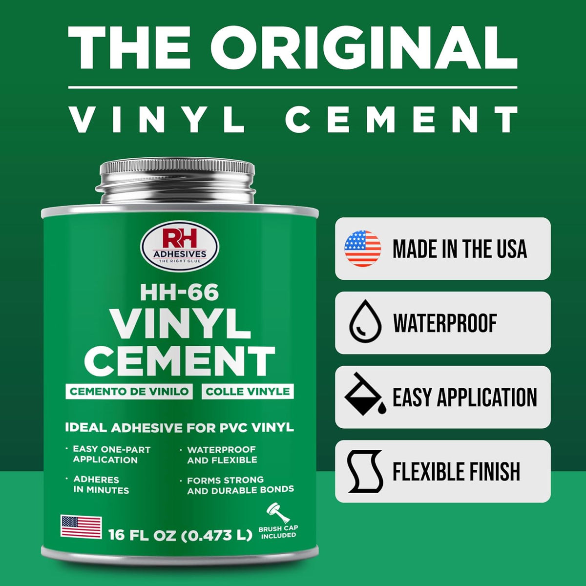 RH Adhesives HH-66 Vinyl Cement 16 oz - Waterproof Flexible Adhesive for PVC & Vinyl Repair