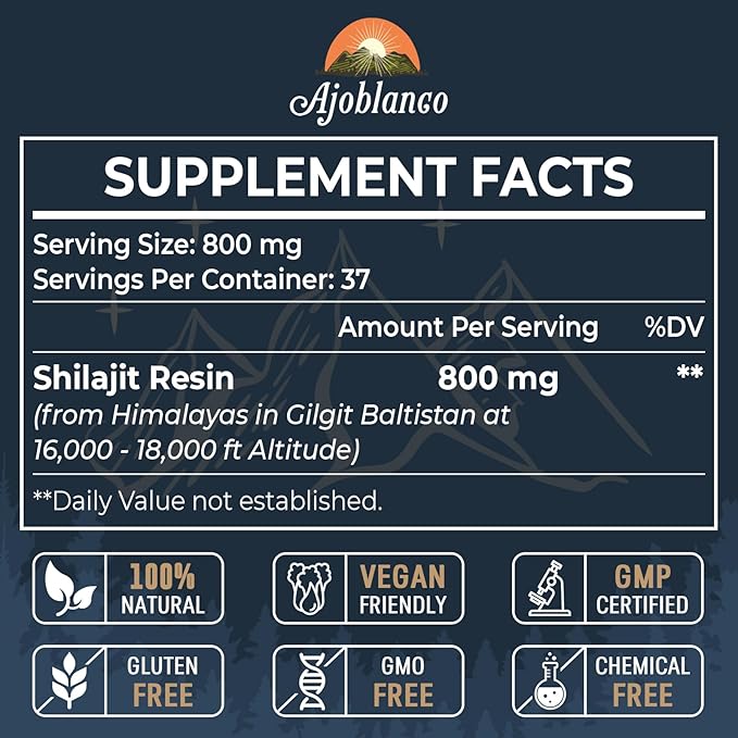 Ajoblanco 800 Mg Himalayan Shilajit Resin, Shilajit Pure Himalayan Organic, Shilajit Supplement with Purity, High Dosage & Potency for Energy, Strength & Immunity, Men & Women, 30 Grams, Pack of 2
