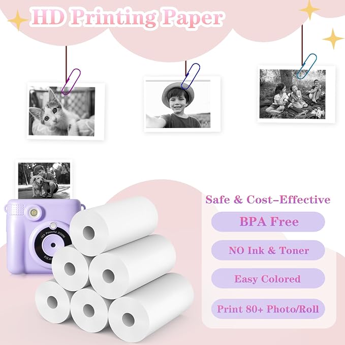 16 Rolls Kids Camera Instant Print Refill Paper Set, Phetium HD Printing
