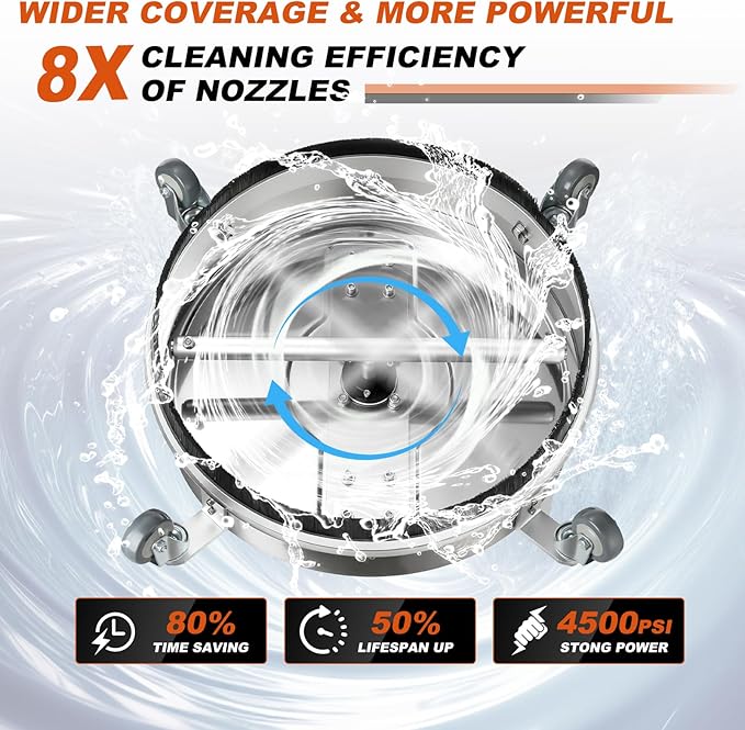 20" Pressure Washer Surface Cleaner, 4500PSI Stainless Steel Surface Cleaner for Pressure Washer with 4 Wheels, Power Washer Surface Cleaner for Concrete, Patio, Sidewalk, Deck and Driveways