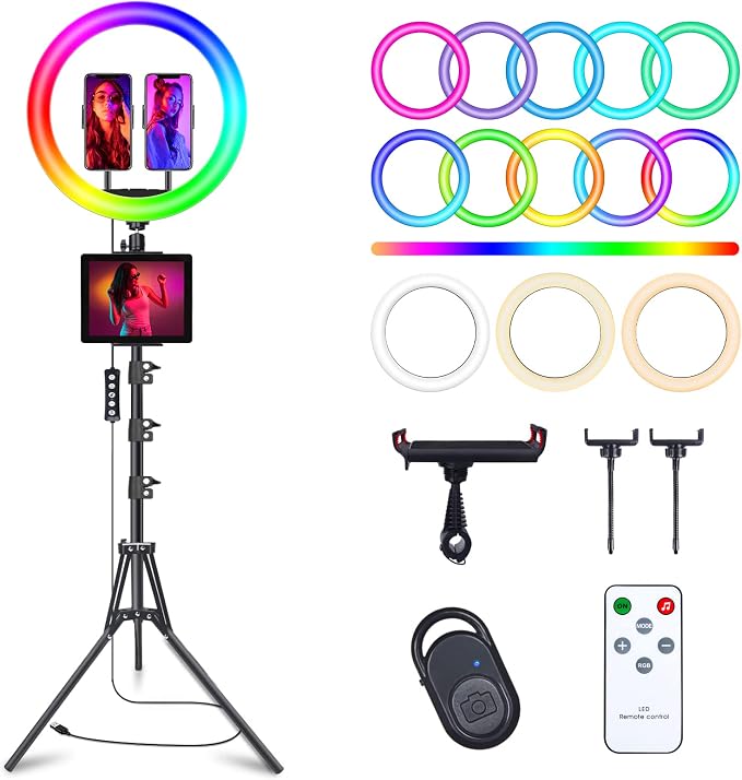 12" Selfie Ring Light with 75" Tripod Stand & 2 Phone Holder, LED Camera