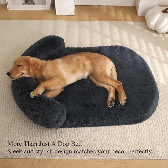 Calming Dog Bed - Fluffy Plush Mat with Removable Washable Cover | Furniture Protector for Large Dogs & Cats(Khaki,47.24X29.53X5.91in)