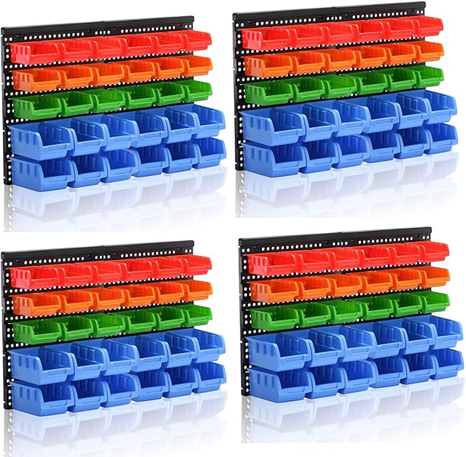 Wall Mounted Storage Bins Parts Rack 4 Colors Garage Plastic Shop Tool Organizer, ABS Plastic Garage Rack, Screw Storage 120 Bins