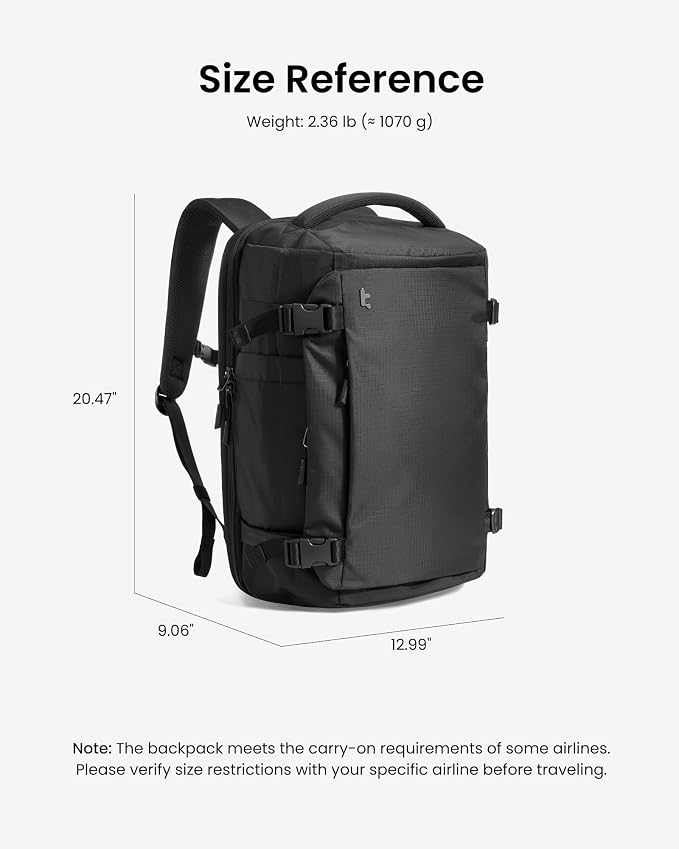tomtoc Travel Backpack 40L, TSA Friendly Flight Approved Carry-on Luggage Hand