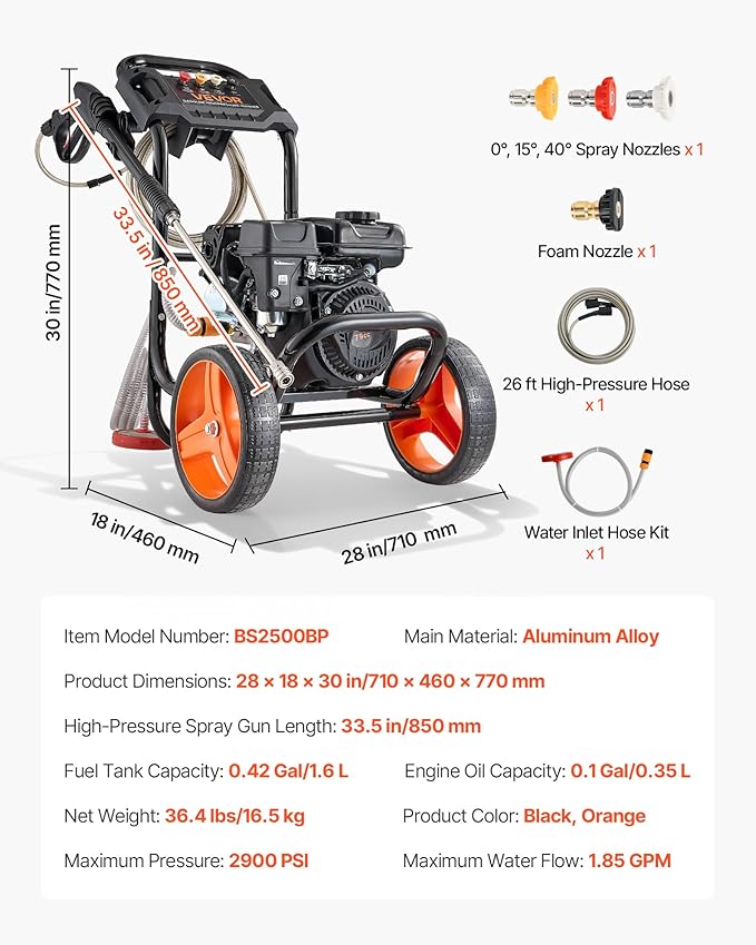 VEVOR Gas Pressure Washer 2900 PSI and 1.85 Max GPM, Upgrade Aluminum Pump with Spray Gun and Wand, 4 Nozzle Set, Low Profile Power Washer for Cars, Fences, Driveways, Homes, Patios, Furniture