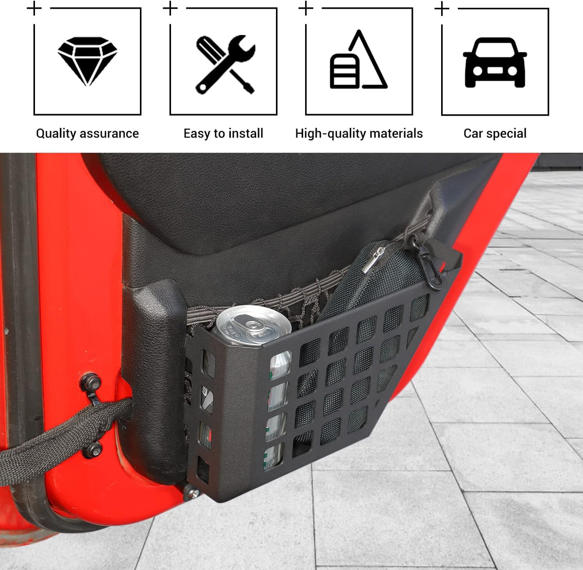Hoolcar Front Door Storage Pockets, Door Side Insert Organizer Box Metal Door Net Pocket Replacement Compatible with 2011-2017 Jeep Wrangler JKU, Interior Storage Expansion Accessories, Cut-Out, 2PCs